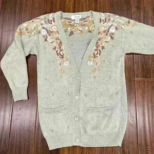 Margules vintage Knit Embroidered Cottagecore Mint Floral Cardigan Sweater large